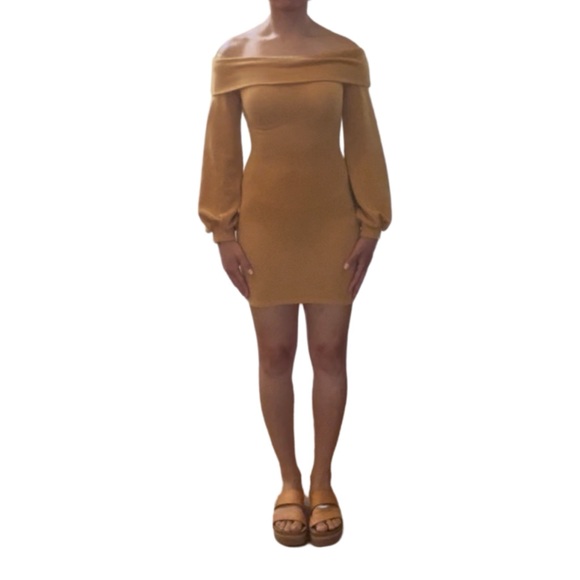 Mustard Yellow Off-Shoulder Bishop Sleeve Dress - Picture 1 of 4